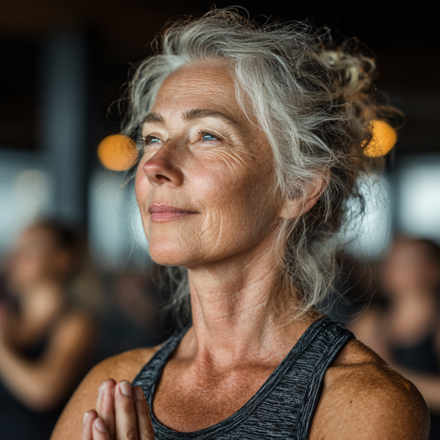 Група літніх людей займається йогою